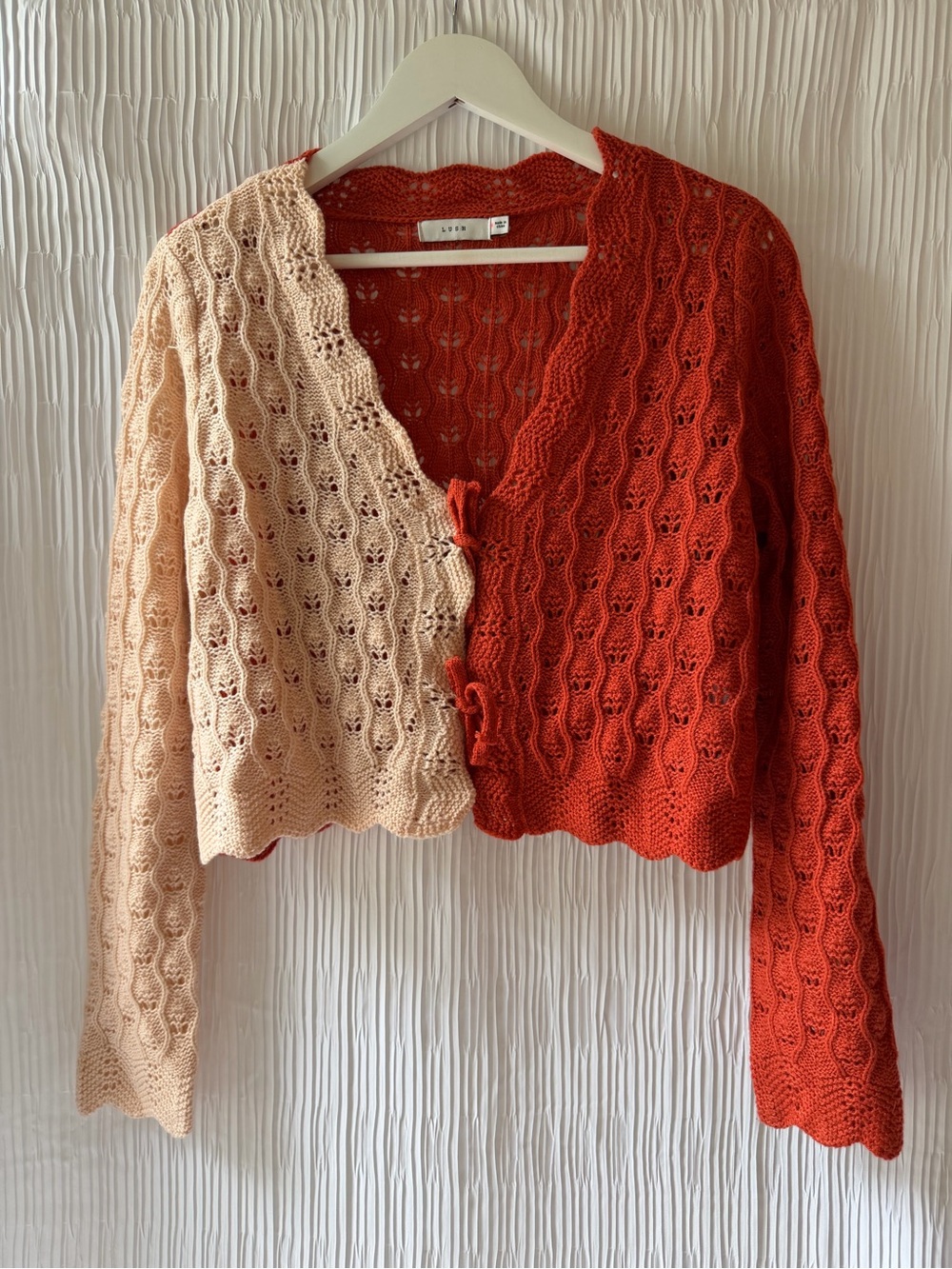 Lush Two-Tone Cottagecore Pointelle Knit Cardigan in Cream & Rust